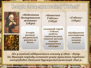 головний герой 
– Гобсек; 
повість 
закінчувалася 
описом затхлої 
комори 
вмираючого 
лихваря 
історія 
розпаду 
дворянської 
родини де 
Ресто 
відображено 
спотворення 
людини 
владою 
золота 
 