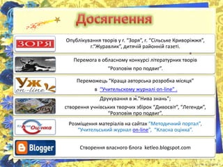 Опублікування творів у г. “Зоря”, г. “Сільське Криворіжжя”, 
г.“Журавлик”, дитячій районній газеті. 
Перемога в обласному конкурсі літературних творів 
“Розповім про подвиг”. 
Переможець “Краща авторська розробка місяця” 
в “Учительскому журналі on-line” . 
Друкуванняo вn ж-li.n”Нeива знань”; 
створення учнівських творчих збірок “Дивосвіт”, “Легенди”, 
“Розповім про подвиг”. 
Розміщення матеріалів на сайтах “Методичний портал”, 
“Учительський журнал on-line”, “Класна оцінка”. 
Створення власного блога ketleo.blogspot.com 
