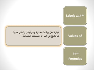 عبارة عن بيانات عددية وحرفية . يتعامل معها 
البرنامج في إجراء العمليات الحسابية . 
Labels عناوين 
Values قيم 
صيغ 
Formulas 
 