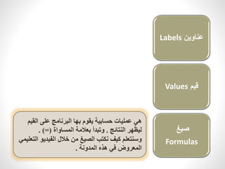 هي عمليات حسابية يقوم بها البرنامج على القيم 
ليظُهر النتائج . وتبدأ بعلامة المساواة )=( . 
وسنتعلم كيف نكتب الصيغ من خلال الفيديو التعليمي 
المعروض في هذه المدونة . 
Labels عناوين 
Values قيم 
صيغ 
Formulas 
 