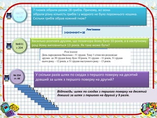 7 гномів зібрали разом 28 грибів. Причому, всі вони 
зібрали різну кількість грибів і у жодного не було порожнього кошика. 
Скільки грибів зібрав кожний гном? 
№831 
с 204 
Василько розповів друзям, що позавчора йому було 10 років, а в наступному 
році йому виповниться 13 років. Як таке може бути? 
Розв’язання 
День народження Василька - 31 грудня. Тому 1 січня він розповідає 
друзям: до 30 грудня йому було 10 років, 31 грудня – 11 років, 31 грудня 
цього року – 12 років, а 31 грудня наступного року – 13 років. 
№ 254 
ст. 66 
У скільки разів шлях по сходах з першого поверху на десятий 
довший за шлях з першого поверху на другий? 
Відповідь: шлях по сходах з першого поверху на десятий 
довший за шлях з першого на другий у 9 разів. 
4 
1 
2 
3 
5 
6 
7 
8 
9 
 