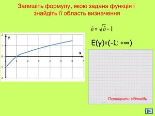 Запишіть формулу, якою задана функція і 
знайдіть її область визначення 
ó = õ - 1 
Е(у)=(-1; +∞) 
Перевірити відповідь 
 