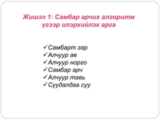 Жишээ 1: Самбар арчих алгоритм 
үгээр илэрхийлэх арга 
Самбарт гар 
Алчуур ав 
Алчуур норго 
Самбар арч 
Алчуур тавь 
Суудалдаа суу 
 