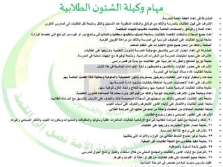 مهام وكيلة الشئون الطلابية 
• المشاركة في إعداد الخطة العامة للمدرسة. 
• الإشراف على قبول الطالبات بالمدرسة والتأكد من الوثائق والملفات المطلوبة عند التسجيل والنقل ومتابعة نقل الطالبات إلى المدارس الأخرى. 
• إعداد النماذج والوثائق والمستندات الخاصة بالطالبات لتقديمها للجهات المختصة. 
• إعداد جميع السجلات والملفات الخاصة بالطالبات ومتابعة تحديثها وتنظيمها وحفظها واكتمالها في برنامج نور أو غيره من البرامج التي تعتمدها الوزارة 
• متابعة توزيع الطالبات على الصفوف الدراسية في المدرسة والتأكد من مراعاة الفروق الفردية. 
• المتابعة والتأكد من إدخال جميع نتائج الاختبارات على النظام المعتمد. 
• المشاركة في إعداد الجدول الدراسي بالتنسيق مع وكيلة المدرسة للشؤون التعليمية وتوزيعها على الطالبات. 
• الإشراف على تحديد احتياجات المدرسة من المقررات الدراسية، ومتابعة توفيرها مع الجهات لمعنية في المدرسة. 
• متابعة توزيع المناهج والمقررات الدراسية على الطلالبات مع بداية كل فصل دراسي. 
• الإشراف على حضور الطالبات وانتظامهن وانضباطهن واتخاذ الإجراءات المناسبة في هذا الشأن. 
• متابعة الطالبات لأداء صلاة الجماعة في المدرسة. 
• استدعاء واستقبال أولياء أمور الطالبات وتعريفهن بمستويات بناتهن التحصيلية والسلوكية ومعالجة كافة القضايا الخاصة بهم. 
• الإشراف على إعداد الإحصائيات الدورية المتعلقة بالطالبات وتزويد إدارة المدرسة بها. 
• متابعة حالات الطالبات المرضية خاصة المعدية منها وإحالتها للعلاج واتخاذ اللازم للوقاية منها. 
• إعداد ومتابعة جدول الإشراف والمناوبات اليومية والتأكد من قيام الكل بدوره بمشاركة المساعدة للشؤون التعليمية. 
• متابعة تأخر الطالبات الصباحي والتأكد من تسجيلهم في السجلات المخصصة لذلك والتعرف على الأسباب بالتنسيق مع المرشدة الطلابية. 
• متابعة غياب الطالبات والاتصال على أولياء الأمور لإشعارهم والتعرف على أسباب الغياب. 
• متابعة الطالبات المحالات من المعلمات وإحالة من تستدعي حالتها إلى المرشدة الطلابي. 
• الإشراف على الطابور الصباحي ودخول وخروج الطالبات. 
٢٠ .التأكد والمتابعة من تنفيذ المرشدة الطلابية للبرامج الإرشادية للطالبات المتأخرات عقليا وسلوكيا والمتفوقات والمتميزات ومتكررات الغياب والتأخر الصباحي وغيرها. • 
٢١ .متابعة إصدار نتائج الاختبارات وتوزيعها على الطالبات. • 
٢٢ .الإشراف على برامج الإذاعة المدرسية. • 
٢٣ .متابعة توفير احتياج النشاط الطلابي من اللوازم والأدوات التي يتطلبها. • 
٢٤ .متابعة تنفيذ خطط وبرامج أنشطة الطالبات غير الصفية. • 
٢٥ .تطبيق لائحة السلوك والمواظبة. • 
٢٦ .التواصل مع أولياء الأمور والطالبات والمجتمع المحلي من خلال استخدام وتفعيل برنامج الجوال لمدرسي. • 
٢٧ . متابعة جميع الخدمات التي تقدم للطالبات من نقل أو إعانة أو اغتراب وغيرها. • 
• القيام بتدريس مايسند إليه من حصص في المرحلة الابتدائية. 
• القيام بأي مهام أخرى تكلف بها من قبل الرئيس المباشر في مجال اختصاصها. 
 