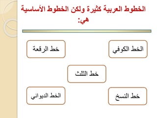 الخطوط العربية كثير ولكن الخطوط الأساسية 
هي: 
الخط الكوفي 
خط النسخ 
خط الرقعة 
الخط الديواني 
خط الثلث 
 