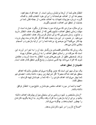 انتظارهای شما از آنها برایشان روشن است. از همه افراد بخواهید، 
مجموعه ای از اهداف هوشمندانه را برای خود انتخاب کنند. با کمک 
گروه، درباره جزییات تعهدات به اهداف خاص، از جمله نقش شما در 
حمایت از تحقق این اهداف، تصمیم بگیرید. 
برای مثال، مواردی که میتواند مورد بحث قرار بگیرد عبارت است از 
مهلت زمانی تحقق اهداف، نتایج واقعی که از تحقق یک هدف انتظار دارید 
و منابع و زمان مدیریتی که برای دنبال کردن یک هدف اختصاص 
میدهید. در ضمن، در این باره بحث کنید که اگر کارها درست پیش نرود، 
چه کار میکنید؟ این موضوع، برنامه شما را در ارایه بازخورد و انسجام 
بخشی نشان میدهد. 
یک روش که بنگاههای اقتصادی بزرگتر باید آن را به اجرا در آورند این 
است که حرکت در راستای تحقق اهداف را به ارزیابی عملکرد پیوند 
بزنند. توصیفی دقیق از خروجیهای مورد انتظار به دست آورید و مطمئن 
شوید که افراد میدانند چه کسی مسئول و پاسخ گوی تحقق کدام هدف است. 
اطمینان از تحقق اهداف 
من چگونه میتوانم مطمئن باشم که اهدافم « یک سوال مهم این است که 
معمولا اگر شرایط زیر وجود داشته باشد، اعضای تیم »؟ محقق خواهند شد 
شما بهتر میتوانند اهداف فردی را - که شما و خودشان تهیه کردهاید - 
محقق کنند: 
*همه با شما در مورد اهداف خاص خودشان و نتایج مورد انتظار توافق 
داشته باشند. 
*زمان مشخص و شیوه روشنی برای سنجش میزان پیشرفت اهداف داشته 
باشید و برای ارایه بازخورد به افراد وقت بگذارید. به آنها بگویید کارشان 
را چطور انجام بدهند و چگونه میتوانند. 
*اصلاح لازم را در شیوه کارشان بدهند. 
 