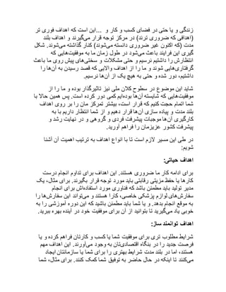 زندگی و یا حتی در فضای کسب و کار و ...این است که اهداف فوری تر 
)اهدافی که ضروری ترند( در مرکز توجه قرار میگیرند و اهداف بلند 
مدت )که اکنون غیر ضروری دانسته میشوند( کنار گذاشته میشوند. شکل 
گیری این فرایند باعث میشود در طول زمان ما به موفقیتهایی که 
انتظارش را داشتیم نرسیم و حتی مشکلات و سختیهای پیش روی ما باعث 
گرفتاریهایی شوند و ما را از اهداف والایی که قصد رسیدن به آنها را 
داشتیم، دور شده و حتی به هیچ یک از آنها نرسیم. 
شاید این موضوع در سطوح کلان ملی نیز تاثیرگذار بوده و ما را از 
موفقیتهایی که شایسته آنها بودهایم کمی دور کرده است. پس همین حالا با 
شما اتمام حجت کنیم که قرار است، بیشتر تمرکز مان را بر روی اهداف 
بلند مدت و پیاده سازی آنها قرار دهیم و از شما انتظار داریم با به 
کارگیری آنها موجبات پیشرفت فردی و گروهی و در نهایت رشد و 
پیشرفت کشور عزیزمان را فراهم آورید. 
در طی این مسیر لازم است تا با انواع اهداف به ترتیب اهمیت آن آشنا 
شویم: 
اهداف حیاتی: 
برای ادامه کار ما ضروری هستند. این اهداف برای تداوم انجام درست 
کارها یا حفظ مزیتی رقابتی باید مورد توجه قرار بگیرند. برای مثال، یک 
مدیر تولید باید مطمئن باشد که فناوری مورد استفادهاش برای انجام 
سفارشهای لوازم پزشکی خاصی، کارا هستند و میتواند این سفارشها را 
به موقع انجام بدهد. و یا شما باید مطمئن باشید که این دوره آموزشی را به 
خوبی یاد میگیرید تا بتوانید از آن برای موفقیت خود در آینده بهره ببرید. 
اهداف توانمند ساز: 
شرایط مطلوب تری برای موفقیت شما یا کسب و کارتان فراهم کرده و یا 
فرصت جدید را در بنگاه اقتصادیتان به وجود میآورند. این اهداف مهم 
هستند، اما در بلند مدت شرایط بهتری را برای شما یا سازمانتان ایجاد 
میکنند تا اینکه در حال حاضر به توفیق شما کمک کنند. برای مثال، شما 
 