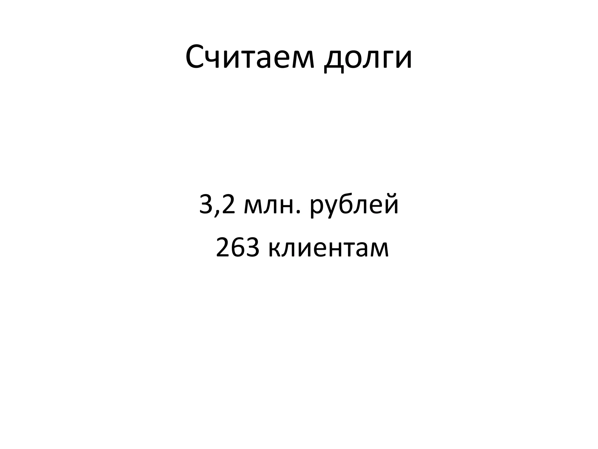 Cчитаем долги 
3,2 млн. рублей 
263 клиентам 
 