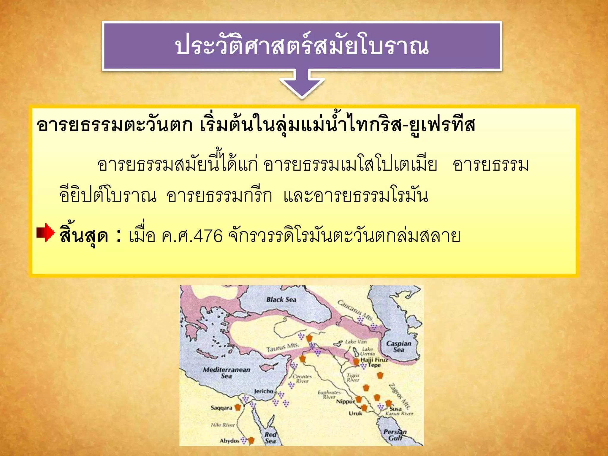 ประวัติศำสตร์สมัยโบรำณ 
อำรยธรรมตะวันตก เริ่มต้นในลุ่มแม่น้ำไทกริส-ยูเฟรทีส 
อารยธรรมสมัยนีไ้ด้แก่ อารยธรรมเมโสโปเตเมีย อารยธรรม 
อียิปต์โบราณ อารยธรรมกรีก และอารยธรรมโรมัน 
สิน้สุด : เมื่อ ค.ศ.476 จักรวรรดโิรมันตะวันตกล่มสลาย 
 