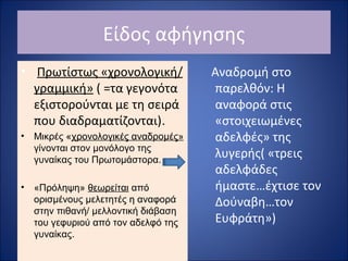 Είδος αφήγησης 
• Πρωτίστως «χρονολογική/ 
γραμμική» ( =τα γεγονότα 
εξιστορούνται με τη σειρά 
που διαδραματίζονται). 
• Μικρές «χρονολογικές αναδρομές» 
γίνονται στον μονόλογο της 
γυναίκας του Πρωτομάστορα. 
• «Πρόληψη» θεωρείται από 
ορισμένους μελετητές η αναφορά 
στην πιθανή/ μελλοντική διάβαση 
του γεφυριού από τον αδελφό της 
γυναίκας. 
Αναδρομή στο 
παρελθόν: Η 
αναφορά στις 
«στοιχειωμένες 
αδελφές» της 
λυγερής( «τρεις 
αδελφάδες 
ήμαστε…έχτισε τον 
Δούναβη…τον 
Ευφράτη») 
 