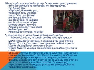 Όλη η παρέα των κοριτσιών, με την Πιρπιρού στη μέση, φτάνει σε 
σπίτι και τραγουδά το τραγουδάκι της Περπερούνας. 
Στο Δρυμό λένε: 
«Πιρπιρού, δροσούλα μου, 
παρακάλσι τουν Θιο (Θεό) 
για να δώσει μια βρουχή, 
μια βρουχή βασιλικιά 
δω στα στάρια, τα κριθάρια 
στα λιανά τα παρασπόρια. 
Μπάρις-μπάρις* του νιρό 
Λιούμπις-λιούμπις** του κρασί 
Κάθι στάχυ κι κιλό 
Κάθι κούρβου (στοίβα) κι μιτρό» 
*μπάρις-μπάρις το νιρό= βροχή πολύ δυνατή, μπόρα 
** λιούμπις-λιούμπις το κρασί= μεγάλη ποσότητα κρασιού 
Μόλις τελειώσει το τραγούδι, η νοικοκυρά του κάθε σπιτιού 
βγαίνει έξω και χύνει πάνω στο κεφάλι του παιδιού νερό και 
εύχεται :«Καλή βροχή να δώσει ο Θεός». 
Έπειτα δίνει ένα νόμισμα στο κοριτσάκι ή ό,τι άλλο έχει «για το 
καλό». 
Σε άλλους τόπους της πατρίδας μας το έθιμο της Περπερούνας 
είναι κάπως διαφορετικό. Στον Πόντο λ.χ. αντί για παιδί, για να 
μην το καταβρέχουν και κρυώσει το καημένο, ντύνανε μια 
σκούπα. Έκαναν κάτι σαν σκιάχτρο και το γύριζαν από σπίτι σε 
σπίτι τραγουδώντας ένα άλλο τραγούδι. Οι νοικοκυρές 
περιέλουζαν αυτό το σκιάχτρο με νερό και φιλοδωρούσαν τα 
παιδιά που το κρατούσαν. 
 