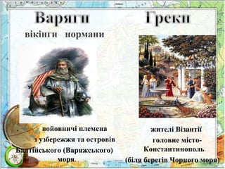 войовничі племена 
з узбережжя та островів 
Балтійського (Варяжського) 
моря. 
жителі Візантії 
головне місто- 
Константинополь 
(біля берегів Чорного моря) 
вікінги нормани 
 