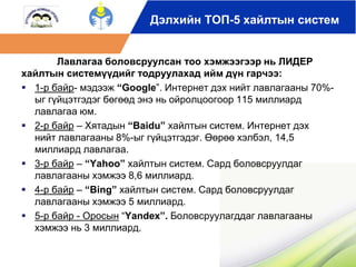 Дэлхийн ТОП-5 хайлтын систем 
Лавлагаа боловсруулсан тоо хэмжээгээр нь ЛИДЕР 
хайлтын системүүдийг тодруулахад ийм дүн гарчээ: 
 1-р байр- мэдээж “Google”. Интернет дэх нийт лавлагааны 70%- 
ыг гүйцэтгэдэг бөгөөд энэ нь ойролцоогоор 115 миллиард 
лавлагаа юм. 
 2-р байр – Хятадын “Baidu” хайлтын систем. Интернет дэх 
нийт лавлагааны 8%-ыг гүйцэтгэдэг. Өөрөө хэлбэл, 14,5 
миллиард лавлагаа. 
 3-р байр – “Yahoo” хайлтын систем. Сард боловсруулдаг 
лавлагааны хэмжээ 8,6 миллиард. 
 4-р байр – “Bing” хайлтын систем. Сард боловсруулдаг 
лавлагааны хэмжээ 5 миллиард. 
 5-р байр - Оросын “Yandex”. Боловсруулагддаг лавлагааны 
хэмжээ нь 3 миллиард. 
 