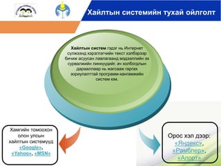 Хайлтын системийн тухай ойлголт 
Хамгийн томоохон 
олон улсын 
хайлтын системүүд 
«Google», 
«Yahoo», «MSN» 
Хайлтын систем гэдэг нь Интернет 
сүлжээнд хэрэглэгчийн текст хэлбэрээр 
бичиж асуусан лавлагаанд мэдээллийн эх 
сурвалжийн линкүүдийг, ач холбогдлын 
дарааллаар нь жагсааж гаргах 
зориулалттай программ-хангамжийн 
систем юм. 
Орос хэл дээр: 
«Яндекс», 
«Рамблер», 
«Апорт» 
 
