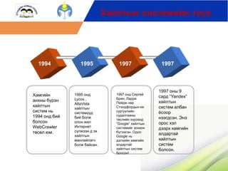 Хайлтын системийн түүх 
1994 1995 1997 1997 
Хамгийн 
анхны бүрэн 
хайлтын 
систем нь 
1994 онд бий 
болсон 
WebCrawler 
төсөл юм. 
1995 онд 
Lycos , 
AltaVista 
хайлтын 
системүүд 
бий болж 
олон жил 
Интернет 
сүлжээн д эх 
хайлтын 
манлайлагч 
болж байсан. 
1997 онд Сергей 
Брин, Ларри 
Пейдж нар 
Стэндфордын их 
сургуулийн 
судалгааны 
төслийн хүрээнд 
“Google” хайлтын 
системийг зохион 
бүтээсэн. Одоо 
Google нь 
дэлхийн хамгийн 
алдартай 
хайлтын систем 
болсон! 
1997 оны 9 
сард “Yandex” 
хайлтын 
систем албан 
ёсоор 
нээгдсэн. Энэ 
орос хэл 
дээрх хамгийн 
алдартай 
хайлтын 
систем 
болсон. 
 