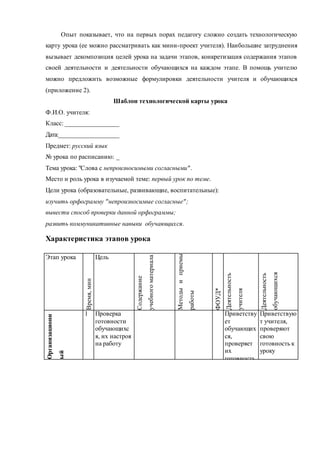Опыт показывает, что на первых порах педагогу сложно создать технологическую 
карту урока (ее можно рассматривать как мини-проект учителя). Наибольшие затруднения 
вызывает декомпозиция целей урока на задачи этапов, конкретизация содержания этапов 
своей деятельности и деятельности обучающихся на каждом этапе. В помощь учителю 
можно предложить возможные формулировки деятельности учителя и обучающихся 
(приложение 2). 
Шаблон технологической карты урока 
Ф.И.О. учителя: 
Класс: _________________ 
Дата: ___________________ 
Предмет: русский язык 
№ урока по расписанию: _ 
Тема урока: "Слова с непроизносимыми согласными" . 
Место и роль урока в изучаемой теме: первый урок по теме. 
Цели урока (образовательные, развивающие, воспитательные): 
изучить орфограмму " непроизносимые согласные" ; 
вывести способ проверки данной орфограммы; 
развить коммуникативные навыки обучающихся. 
Характеристика этапов урока 
Этап урока 
Время, мин 
Цель 
Содержание 
учебного материала 
Методы и приемы 
работы 
ФОУД* 
Деятельность 
учителя 
Деятельность 
обучающихся 
Организационн 
ый 
1 Проверка 
готовности 
обучающихс 
я, их настроя 
на работу 
Приветству 
ет 
обучающих 
ся, 
проверяет 
их 
готовность 
к уроку 
Приветствую 
т учителя, 
проверяют 
свою 
готовность к 
уроку 
 
