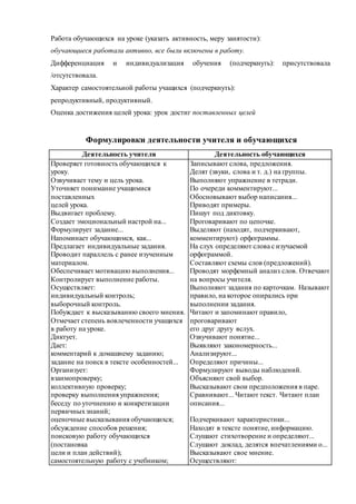 Работа обучающихся на уроке (указать активность, меру занятости): 
обучающиеся работали активно, все были включены в работу. 
Дифференциация и индивидуализация обучения (подчеркнуть): присутствовала 
/отсутствовала. 
Характер самостоятельной работы учащихся (подчеркнуть): 
репродуктивный, продуктивный. 
Оценка достижения целей урока: урок достиг поставленных целей 
Формулировки деятельности учителя и обучающихся 
Деятельность учителя Деятельность обучающихся 
Проверяет готовность обучающихся к 
уроку. 
Озвучивает тему и цель урока. 
Уточняет понимание учащимися 
поставленных 
целей урока. 
Выдвигает проблему. 
Создает эмоциональный настрой на... 
Формулирует задание... 
Напоминает обучающимся, как... 
Предлагает индивидуальные задания. 
Проводит параллель с ранее изученным 
материалом. 
Обеспечивает мотивацию выполнения... 
Контролирует выполнение работы. 
Осуществляет: 
индивидуальный контроль; 
выборочный контроль. 
Побуждает к высказыванию своего мнения. 
Отмечает степень вовлеченности учащихся 
в работу на уроке. 
Диктует. 
Дает: 
комментарий к домашнему заданию; 
задание на поиск в тексте особенностей... 
Организует: 
взаимопроверку; 
коллективную проверку; 
проверку выполнения упражнения; 
беседу по уточнению и конкретизации 
первичных знаний; 
оценочные высказывания обучающихся; 
обсуждение способов решения; 
поисковую работу обучающихся 
(постановка 
цели и план действий); 
самостоятельную работу с учебником; 
Записывают слова, предложения. 
Делят (звуки, слова и т. д.) на группы. 
Выполняют упражнение в тетради. 
По очереди комментируют... 
Обосновывают выбор написания... 
Приводят примеры. 
Пишут под диктовку. 
Проговаривают по цепочке. 
Выделяют (находят, подчеркивают, 
комментируют) орфограммы. 
На слух определяют слова с изучаемой 
орфограммой. 
Составляют схемы слов (предложений). 
Проводят морфемный анализ слов. Отвечают 
на вопросы учителя. 
Выполняют задания по карточкам. Называют 
правило, на которое опирались при 
выполнении задания. 
Читают и запоминают правило, 
проговаривают 
его друг другу вслух. 
Озвучивают понятие... 
Выявляют закономерность... 
Анализируют... 
Определяют причины... 
Формулируют выводы наблюдений. 
Объясняют свой выбор. 
Высказывают свои предположения в паре. 
Сравнивают... Читают текст. Читают план 
описания... 
Подчеркивают характеристики... 
Находят в тексте понятие, информацию. 
Слушают стихотворение и определяют... 
Слушают доклад, делятся впечатлениями о... 
Высказывают свое мнение. 
Осуществляют: 
 