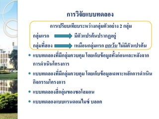 การวิจัยแบบทดลอง 
การเปรียบเทียบระหว่างกลุ่มตัวอย่าง 2 กลุ่ม 
กลุ่มแรก มีตัวแปรต้นปรากฏอยู่ 
กลุ่มที่สอง เหมือนกลุ่มแรก ยกเว้น ไม่มีตัวแปรต้น 
 แบบทดลองที่มีกลุ่มควบคุม โดยเก็บข้อมูลทั้งก่อนและหลังจาก 
การดาเนินโครงการ 
 แบบทดลองที่มีกลุ่มควบคุม โดยเก็บข้อมูลเฉพาะหลักการดาเนิน 
กิจกรรมโครงการ 
 แบบทดลองสี่กลุ่มของซอโลมอน 
 แบบทดลองแบบแรนดอมไมซ์บลอค 
 