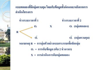 แบบทดลองที่มีกลุ่มควบคุม โดยเก็บข้อมูลทั้งก่อนและหลังจากการ 
ดาเนินโครงการ 
ช่วงระยะเวลาที่ 1 ช่วงระยะเวลาที่ 2 
Oy X Oy (กลุ่มทดลอง) 
R 
Oy Oy (กลุ่มควบคุม) 
หมายเหตุ R = การสุ่มตัวอย่างแบบกระจายเพื่อจัดกลุ่ม 
Oy = การเก็บข้อมูล (เก็บ 2 ช่วงเวลา) 
X = การดาเนินการกับกลุ่มทดลอง 
 