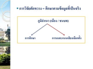  การวิจัยตัดขวาง = ศึกษาตามข้อมูลที่เป็นจริง 
ภูมิลาเนา (เมือง / ชนบท) 
การศึกษา การลงคะแนนเสียงเลือกต้งั 
 
