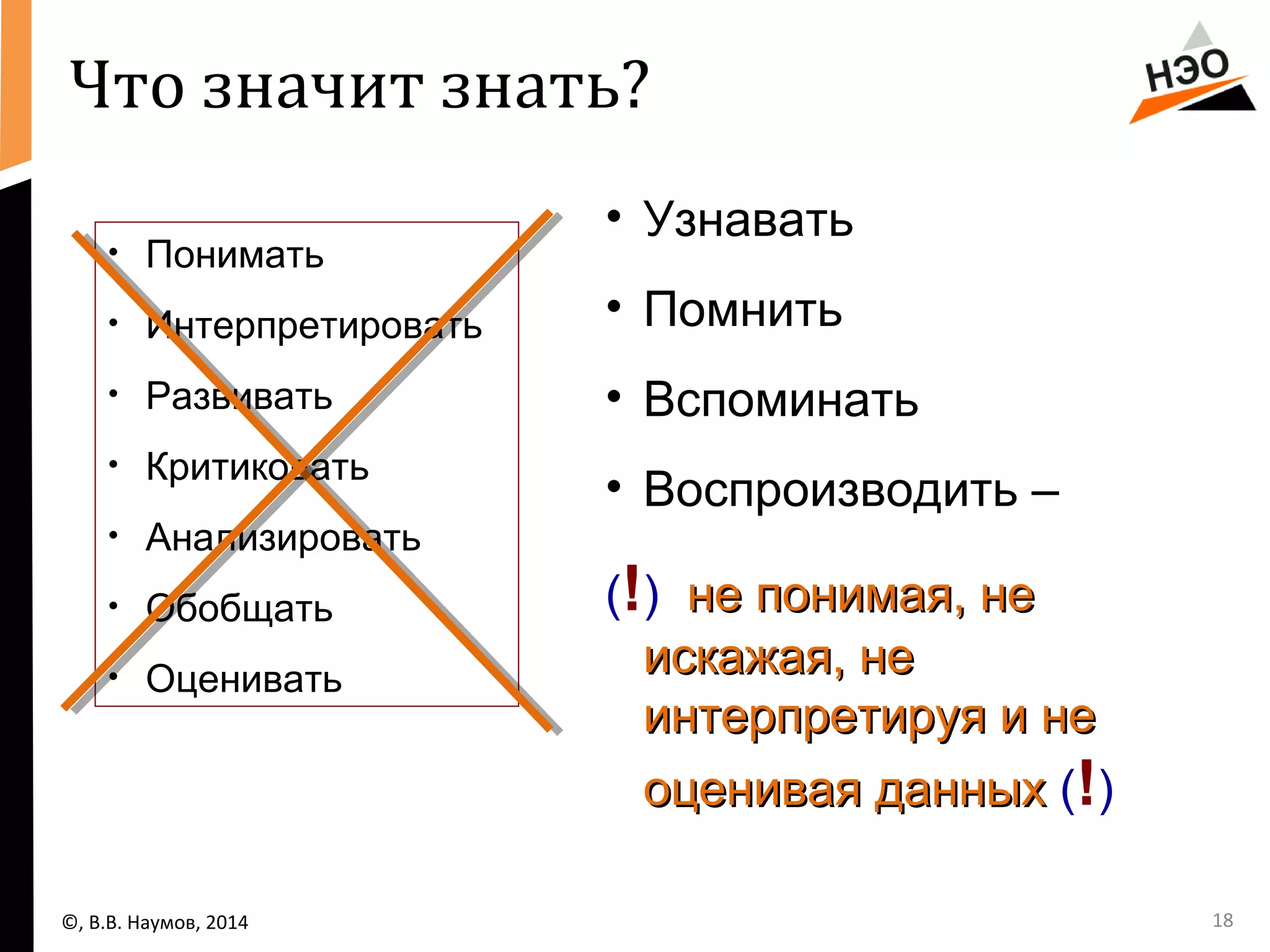 18 
Что значит знать? 
• Узнавать 
• Помнить 
• Вспоминать 
• Воспроизводить – 
(!) ннее ппооннииммааяя,, ннее 
ииссккаажжааяя,, ннее 
ииннттееррппррееттииррууяя ии ннее 
ооццееннииввааяя ддаанннныыхх (!) 
• Понимать 
• Интерпретировать 
• Развивать 
• Критиковать 
• Анализировать 
• Обобщать 
• Оценивать 
©, В.В. Наумов, 2014 
 