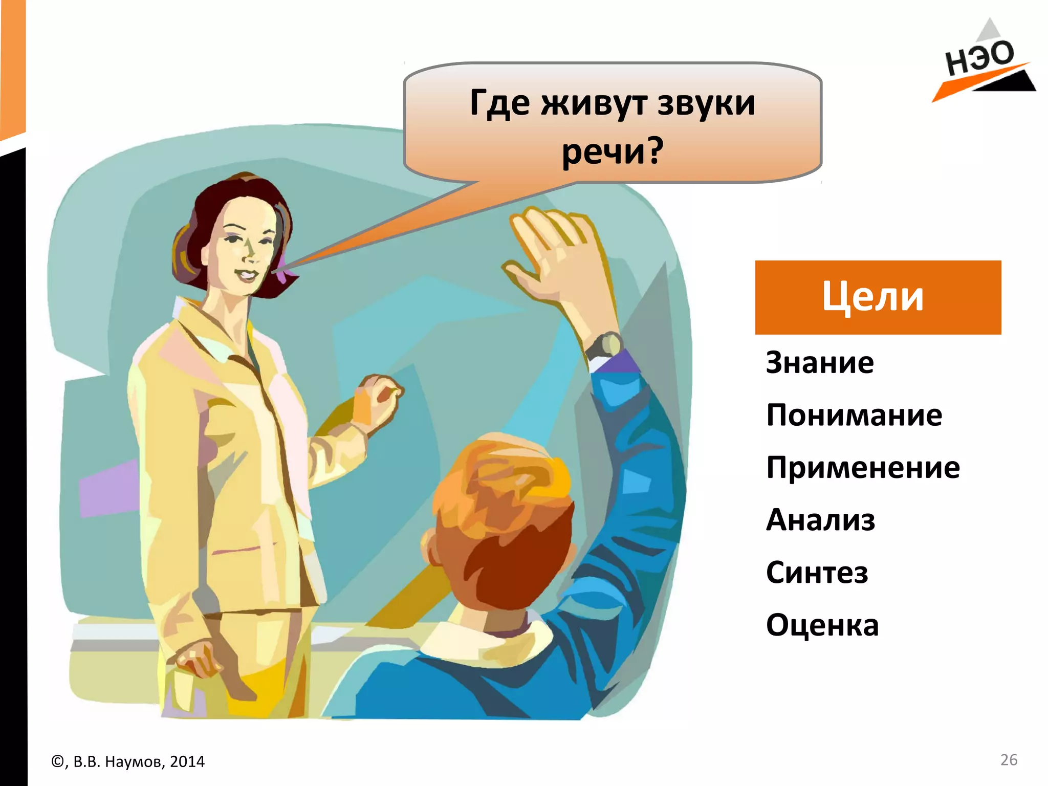 26 
Где живут звуки 
речи? 
©, В.В. Наумов, 2014 
Цели 
Знание 
Понимание 
Применение 
Анализ 
Синтез 
Оценка 
 