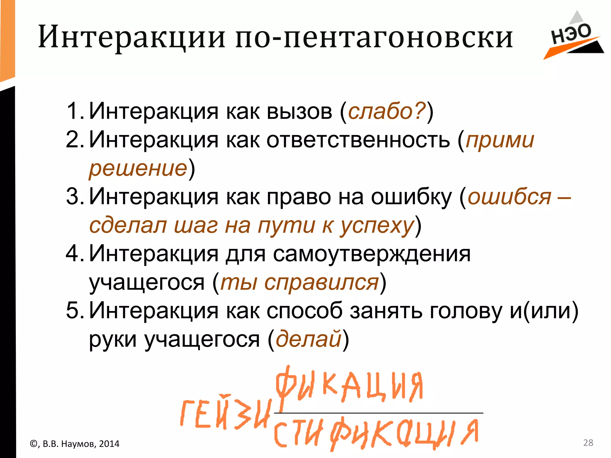 28 
Интеракции по-пентагоновски 
1.Интеракция как вызов (слабо?) 
2.Интеракция как ответственность (прими 
решение) 
3.Интеракция как право на ошибку (ошибся – 
сделал шаг на пути к успеху) 
4.Интеракция для самоутверждения 
учащегося (ты справился) 
5.Интеракция как способ занять голову и(или) 
руки учащегося (делай) 
©, В.В. Наумов, 2014 
 