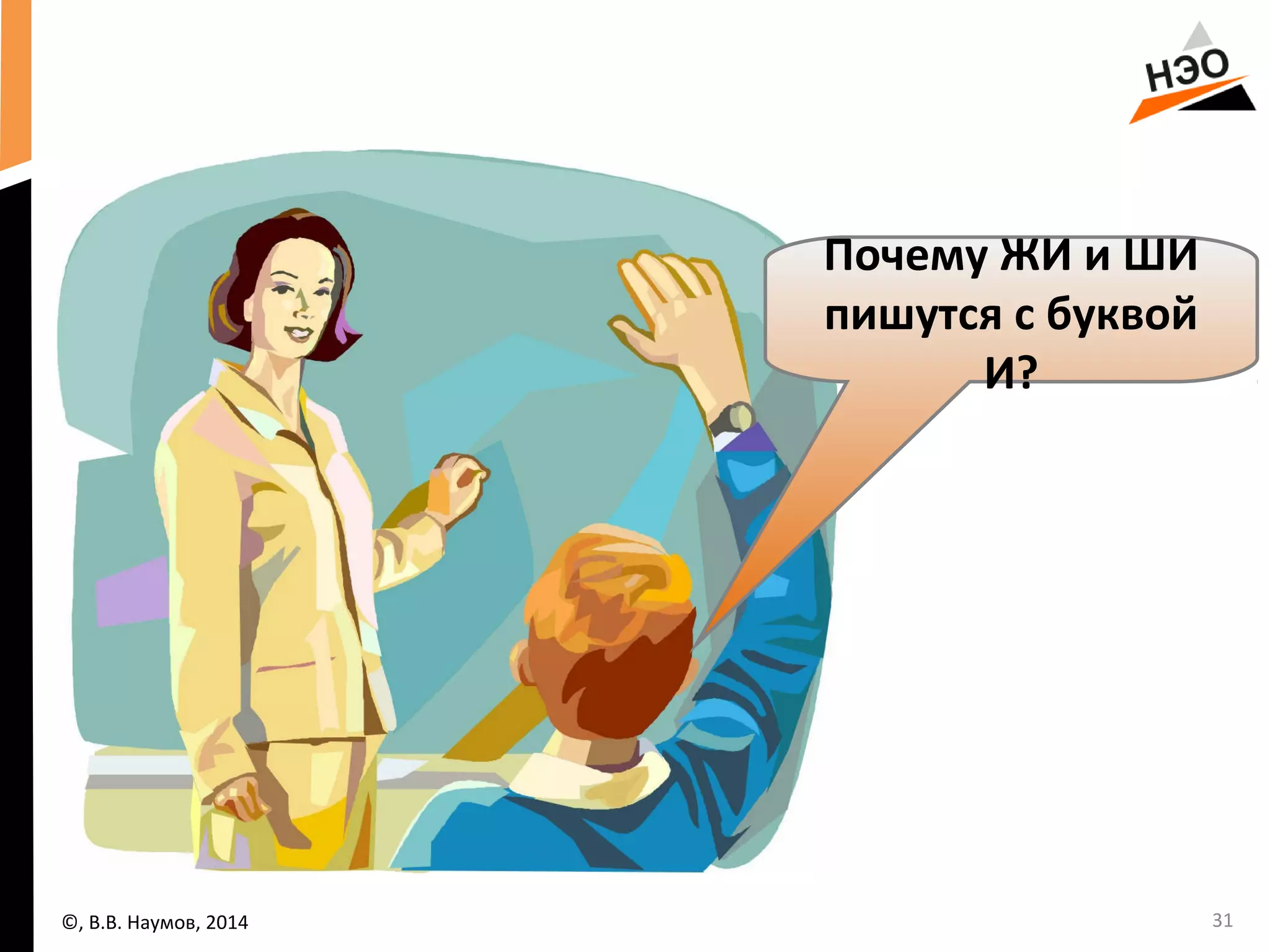 31 
Почему ЖИ и ШИ 
пишутся с буквой 
И? 
©, В.В. Наумов, 2014 
 