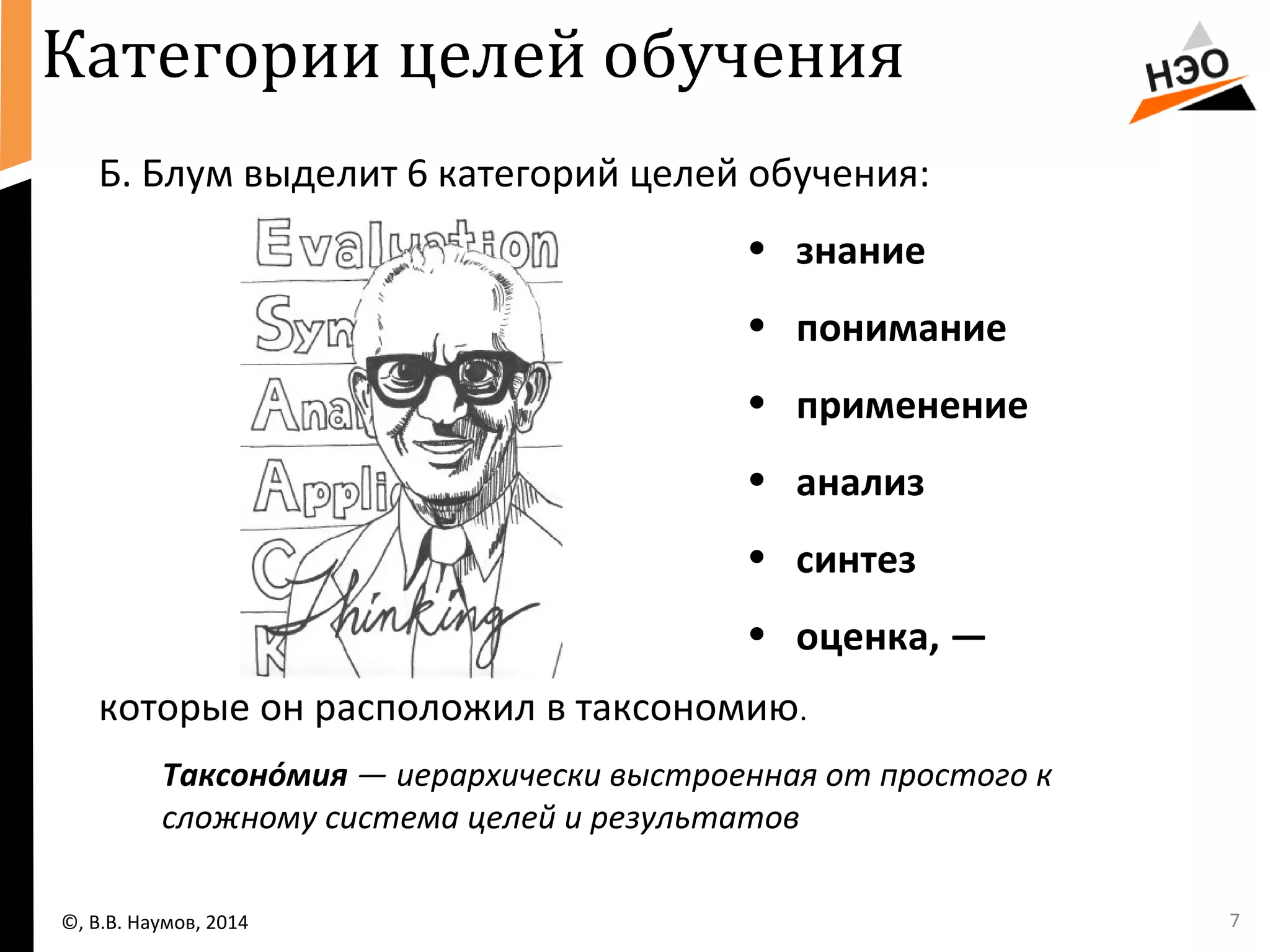 7 
Категории целей обучения 
Б. Блум выделит 6 категорий целей обучения: 
• знание 
• понимание 
• применение 
• анализ 
• синтез 
• оценка, ― 
которые он расположил в таксономию. 
Таксоно́мия — иерархически выстроенная от простого к 
сложному система целей и результатов 
©, В.В. Наумов, 2014 
 