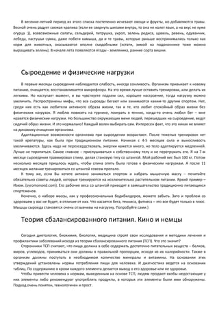 В весенне-летний период из этого списка постепенно исчезают овощи и фрукты, но добавляются травы. 
Весной очень радует свежая крапива (если ее свернуть шипами внутрь, то она не колет язык, а на вкус не хуже 
огурца :)), всевозможные салаты, сельдерей, петрушка, укроп, зелень редиса, щавель, ревень, одуванчик, 
лебеда, пастушья сумка, даже побеги камыша, да и те травы, которые раньше воспринимались только как 
корм для животных, оказываются вполне съедобными (кстати, зимой на подоконнике тоже можно 
выращивать зелень). В начале лета появляются ягоды - земляника, ранние сорта вишни. 
Сыроедение и физические нагрузки 
В первые месяцы сыроедения наблюдается слабость, иногда сонливость. Организм привыкает к новому 
питанию, очищается, восстанавливается микрофлора. На это время лучше оставить тренировки, или делать их 
легкими. Но наступает момент, и вы чувствуете подъем сил, хорошее настроение, тогда нагрузку можно 
увеличить. Распространены мифы, что все сыроеды бегают или занимаются каким-то другим спортом. Нет, 
среди них есть как любители активного образа жизни, так и те, кто любит спокойный образ жизни без 
физических нагрузок. Я люблю повисеть на турнике, поиграть в теннис, когда-то очень любил бег – мне 
нравятся физические нагрузки. Но большинство окружающих меня людей, перешедших на сыроедение, ведут 
сидячий образ жизни. И это нормально! Каждый волен выбирать сам. Интересен факт, что это никак не влияет 
на динамику очищения организма. 
Адаптационные возможности организма при сыроедении возрастают. После тяжелых тренировок нет 
такой крепатуры, как была при традиционном питании. Начиная с 4-5 месяцев сила и выносливость 
увеличиваются. Здесь надо не переусердствовать, энергии кажется много, но тело адаптируется медленней. 
Лучше не торопиться. Самое главное – прислушиваться к собственному телу и не перегружать его. Я на 7-м 
месяце сыроедения травмировал спину, делая становую тягу со штангой. Мой рабочий вес был 100 кг. Потом 
несколько месяцев пришлось ждать, чтобы спина опять была готова к физическим нагрузкам. А после 11 
месяцев желание тренироваться со штангой совсем пропало. 
К тому же, если Вы хотите активно заниматься спортом и набрать мышечную массу – почитайте 
обязательно советы людей, которые тренируются на исключительно растительном питании. Яркий пример – 
Изюм. (syromonoed.com). Его рабочие веса со штангой приводят в замешательство традиционно питающихся 
спортсменов. 
Конечно, о наборе массы, как у профессиональных бодибилдеров, можете забыть. Зато и проблем со 
здоровьем у вас не будет, в отличие от них. Что касается бега, тенниса, фитнеса – это все будет только в плюс. 
Мышцы сыроеда становятся очень отзывчивы на нагрузку. Попробуйте сами:) 
Теория сбалансированного питания. Кино и немцы 
Сегодня диетология, биохимия, биология, медицина строят свои исследования и методики лечения и 
профилактики заболеваний исходя из теории сбалансированного питания (ТСП). Что это значит? 
Сторонники ТСП считают, что пища должна в себе содержать достаточно питательных веществ – белков, 
жиров, углеводов, приниматься они должны в правильной пропорции, исходя из их калорийности. Также в 
организм должны поступать в необходимом количестве минералы и витамины. На основании этих 
утверждений установлены нормы потребления пищи для человека. И диагностика ведется на основании 
таблиц. По содержанию в крови каждого элемента делается вывод о его здоровье или не здоровье. 
Чтобы привести человека к нормам, выведенным на основе ТСП, людям продают якобы недостающие у 
них элементы либо рекомендуют употреблять продукты, в которых эти элементы были ими обнаружены. 
Подход очень понятен, технологичен и прост. 
 