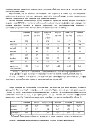выведение кальция через почки, организм пытается сохранить буферные элементы, и , как следствие, соли 
кальция оседают в почках. 
Надо понимать, что все элементы не попадают к нам в организм в чистом виде. Они поступают в 
соединениях, в организме участвуют в реакциях и дают золу, конечный продукт реакции переваривания и 
усвоения. Одни продукты дают щелочную золу, другие – кислую золу. 
Давайте проведем количественную оценку натуральных продуктов питания, которые существуют в 
природе, исходя ТОЛЬКО из этих показателей (кальций, калий, магний, натрий, фосфор, сера, хлор). Для этого 
возьмем химсостав продукта и найдем соотношение его кислотообразующих элементов к 
щелочеобразующим элементам. Назовем это кислотное соотношение. См. таблицу 1. 
Таблица 1. Кислотное соотношение. Соотношение массы кислотобразующих элементов (сера, фосфор, 
хлор) к массе щелочеобразущих элементов (калий, кальций, магний, натрий). 
Теперь приведем это соотношение в соответствие с кислотностью (pH) крови хищника, человека и 
травоядного. Помните, что pH –логарифмический показатель? Кровь человека щелочнее крови хищника в 
1,58 раза (7,4 и 7,2), а травоядного – щелочнее хищника в 2,5 раза (7,6 и 7,2). Потому для человека показатель 
кислотности умножаем на 1,58, а для травоядного - на 2,5. Назовем эту величину коэффициентом 
адекватности пищи КАд. Тогда таблица адекватности пищи будет иметь следующий вид (См. таблицу 2): 
Таблица 2. Значения коэффициента адекватности пищи хищника, человека и травоядного. 
 