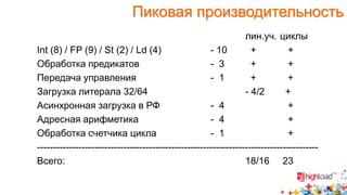 Пиковая производительность 
лин.уч. циклы 
Int (8) / FP (9) / St (2) / Ld (4) - 10 + + 
Обработка предикатов - 3 + + 
Передача управления - 1 + + 
Загрузка литерала 32/64 - 4/2 + 
Асинхронная загрузка в РФ - 4 + 
Адресная арифметика - 4 + 
Обработка счетчика цикла - 1 + 
---------------------------------------------------------------------------------------- 
Всего: 18/16 23 
 