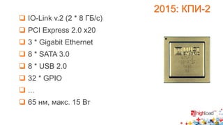 2015: КПИ-2 
 IO-Link v.2 (2 * 8 ГБ/с) 
 PCI Express 2.0 x20 
 3 * Gigabit Ethernet 
 8 * SATA 3.0 
 8 * USB 2.0 
 32 * GPIO 
 ... 
 65 нм, макс. 15 Вт 
 