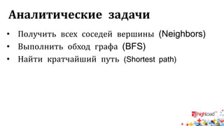 Аналитические задачи 
• Получить всех соседей вершины (Neighbors) 
• Выполнить обход графа (BFS) 
• Найти кратчайший путь (Shortest path) 
 
