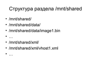 Структура раздела /mnt/shared 
• /mnt/shared/ 
• /mnt/shared/data/ 
• /mnt/shared/data/image1.bin 
• … 
• /mnt/shared/xml/ 
• /mnt/shared/xml/vhost1.xml 
• … 
 