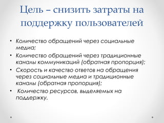 Цель – снизить затраты на 
поддержку пользователей 
• Количество обращений через социальные 
медиа; 
• Количество обращений через традиционные 
каналы коммуникаций (обратная пропорция); 
• Скорость и качество ответов на обращения 
через социальные медиа и традиционные 
каналы (обратная пропорция); 
• Количество ресурсов, выделяемых на 
поддержку. 
 