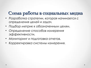 ССххееммаа ррааббооттыы вв ссооццииааллььнныыхх ммееддииаа 
• Разработка стратегии, которая начинается с 
определения целей и задач. 
• Подбор метрик к обозначенным целям. 
• Определение способов измерения 
эффективности. 
• Мониторинг и подготовка отчетов. 
• Корректировка системы измерения. 
 