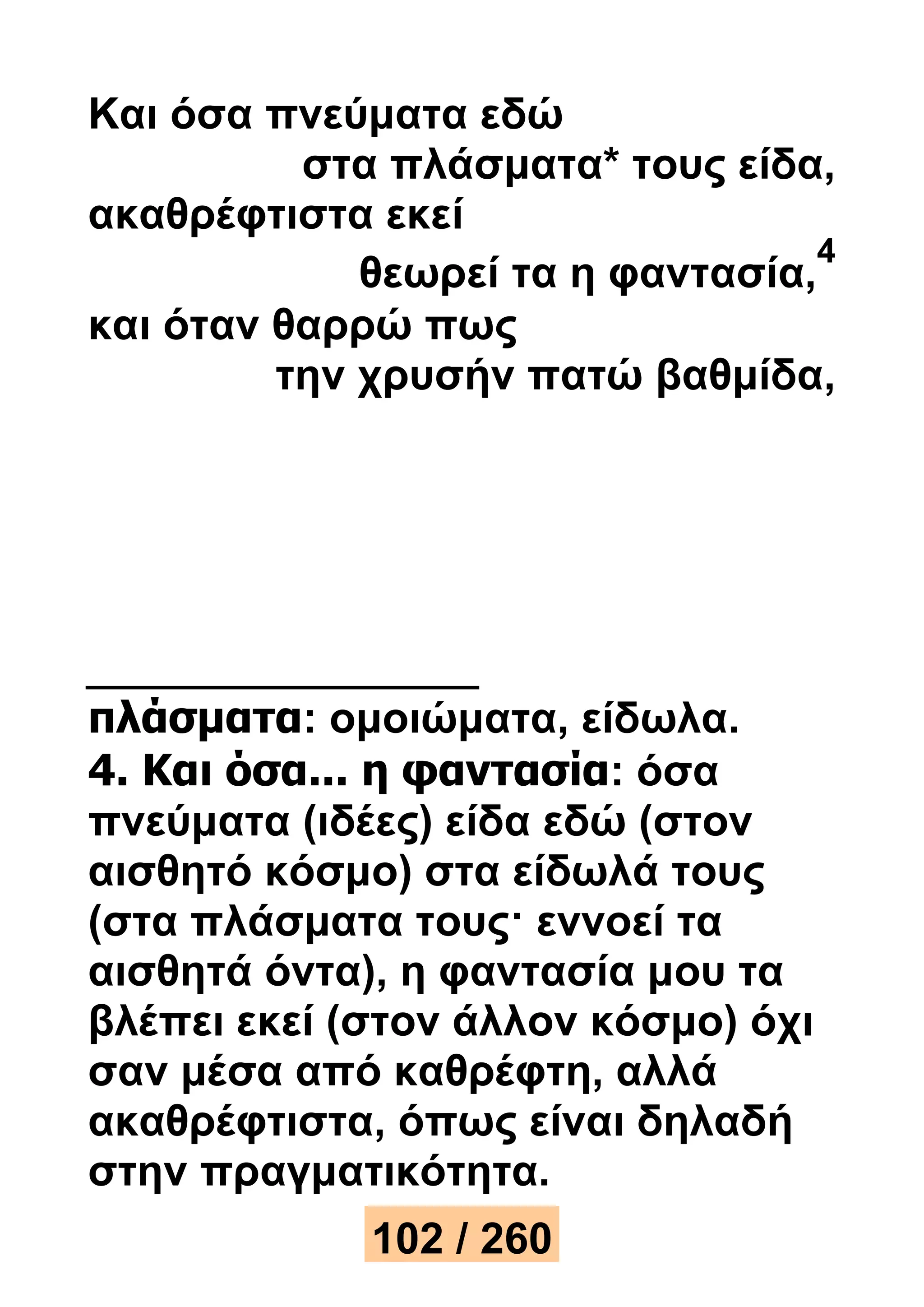 Και όσα πνεύματα εδώ 
στα πλάσματα* τους είδα, 
ακαθρέφτιστα εκεί 
θεωρεί τα η φαντασία, 
4 
και όταν θαρρώ πως 
την χρυσήν πατώ βαθμίδα, 
πλάσματα: ομοιώματα, είδωλα. 
4. Και όσα... η φαντασία: όσα 
πνεύματα (ιδέες) είδα εδώ (στον 
αισθητό κόσμο) στα είδωλά τους 
(στα πλάσματα τους· εννοεί τα 
αισθητά όντα), η φαντασία μου τα 
βλέπει εκεί (στον άλλον κόσμο) όχι 
σαν μέσα από καθρέφτη, αλλά 
ακαθρέφτιστα, όπως είναι δηλαδή 
στην πραγματικότητα. 
102 / 260 
 