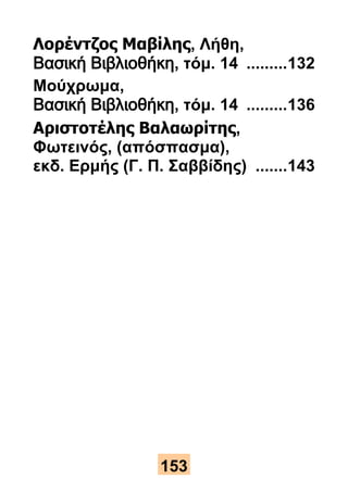 Λορέντζος Μαβίλης, Λήθη, 
Βασική Βιβλιοθήκη, τόμ. 14 ......... 132 
Μούχρωμα, 
Βασική Βιβλιοθήκη, τόμ. 14 ......... 136 
Αριστοτέλης Βαλαωρίτης, 
Φωτεινός, (απόσπασμα), 
εκδ. Ερμής (Γ. Π. Σαββίδης) ....... 143 
153 
 