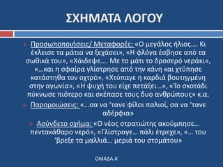 ΣΧΗΜΑΤΑ ΛΟΓΟΥ 
 Προσωποποιήσεις/ Μεταφορές: «Ο μεγάλος ήλιος…. Κι 
έκλεισε τα μάτια να ξεχάσει», «Η φλόγα έσβησε από τα 
σωθικά του», «Χάιδεψε…. Με το μάτι το δροσερό νεράκι», 
«…και η σφαίρα γλίστρησε από την κάνη και χτύπησε 
κατάστηθα τον οχτρό», «Χτύπαγε η καρδιά βουτηγμένη 
στην αγωνία», «Η ψυχή του είχε πετάξει…», «Το σκοτάδι 
πύκνωσε πιότερο και σκέπασε τους δυο ανθρώπους» κ.α. 
 Παρομοιώσεις: «…σα να ‘τανε φίλοι παλιοί, σα να ‘τανε 
αδέρφια» 
 Ασύνδετο σχήμα: «Ο νέος στρατιώτης ακούμπησε… 
πεντακάθαρο νερό», «Γλίστραγε… πάλι έτρεχε», «… του 
‘βρεξε τα μαλλιά… μεριά του στομάτου» 
ΟΜΑΔΑ Α’ 
 