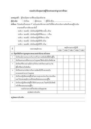 แบบประเมินคุณภาพผู้เรียนตามมาตรฐานการศึกษา 
มาตรฐานที่ 1 ผู้เรียนมีสุขภาวะที่ดีและมีสุนทรียภาพ 
ผู้ประเมิน  นักเรียน  ผู้ปกครอง  ผู้ที่เกี่ยวข้อง........................................... 
คาชี้แจง โปรดทาเครื่องหมาย  ลงในแต่ละข้อรายการต่อไปนี้ที่ตรงกับระดับความคิดเห็นของผู้ประเมิน 
ตามเกณฑ์ในการพิจารณาดังนี้ 
ระดับ 5 หมายถึง นักเรียนปฏิบัติได้ครบทั้ง 6 ด้าน 
ระดับ 4 หมายถึง นักเรียนปฏิบัติได้ครบ 4 – 5 ด้าน 
ระดับ 3 หมายถึง นักเรียนปฏิบัติได้ครบ 3 ด้าน 
ระดับ 2 หมายถึง นักเรียนปฏิบัติได้ 2 ด้าน 
ระดับ 1 หมายถึง นักเรียนปฏิบัติได้ 1 ด้าน 
ที่ 
รายการพฤติกรรม 
พฤติกรรมการปฏิบัติ 
ระดับ 5 
ระดับ 4 
ระดับ 3 
ระดับ 2 
ระดับ 1 
1.5 มีสุขนิสัยในการดูแลสุขภาพและออกกาลังกาย สม่าเสมอ 
1 
นักเรียนมีความสามารถในการสร้างความสัมพันธ์ที่ดีกับผู้อื่น 
2 
นักเรียนสามารถสื่อสารระหว่างบุคคลได้อย่างมีประสิทธิภาพ 
3 
นักเรียนให้ความร่วมมือร่วมใจในการทากิจกรรมต่างๆ กับ ผู้อื่นได้อย่างไม่ขัดข้อง 
4 
นักเรียนสามารถจัดการกับความขัดแย้งได้ และยอมรับ ความแตกต่างระหว่างบุคคล 
5 
นักเรียนปฏิบัติตนต่อผู้อื่นด้วยความสุภาพ อ่อนโยน อ่อนน้อม และไม่แสดงพฤติกรรมที่ส่งผลเสียต่อตนเองและผู้อื่น 
6 
นักเรียนปฏิบัติตนต่อผู้อื่นได้อย่างเหมาะสม โดยคานึงถึงสิทธิ หน้าที่ของตนเองและผู้อื่น 
รวมจานวนความถี่ในแต่ละระดับคุณภาพ 
สรุปผลการประเมิน 
สรุปผลการประเมิน ...................................................................................................................................................... 
....................................................................................................................................................................................... 
 