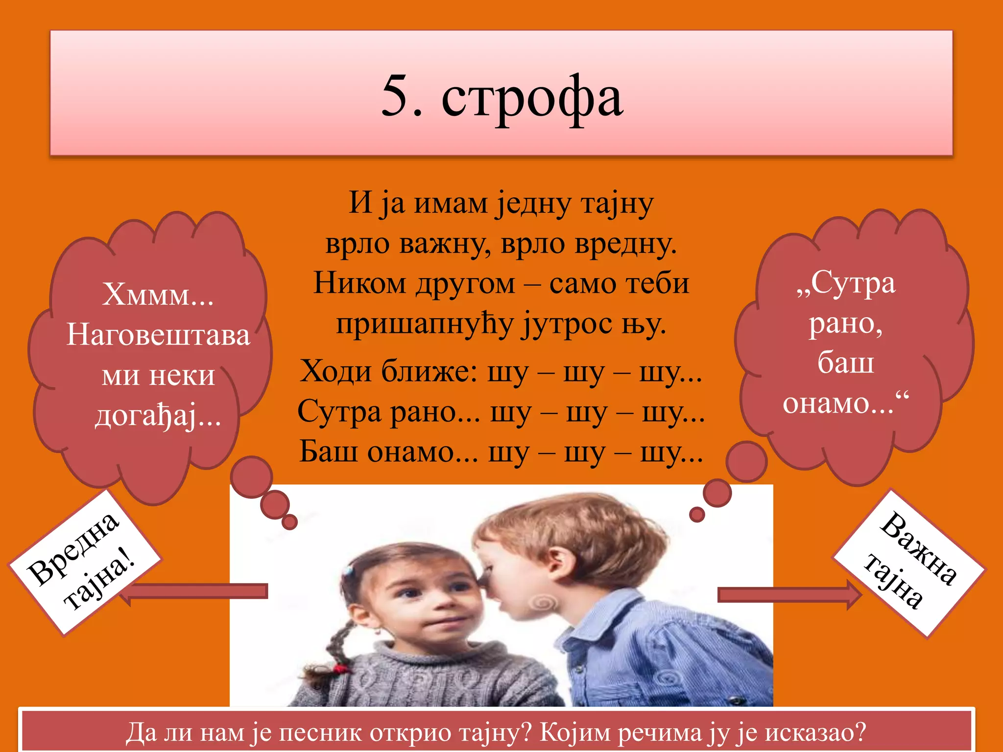 5. строфа 
И ја имам једну тајну 
врло важну, врло вредну. 
Ником другом – само теби 
пришапнућу јутрос њу. 
Ходи ближе: шу – шу – шу... 
Сутра рано... шу – шу – шу... 
Баш онамо... шу – шу – шу... 
„Сутра 
рано, 
баш 
онамо...“ 
Хммм... 
Наговештава 
ми неки 
догађај... 
Да ли нам је песник открио тајну? Којим речима ју је исказао? 
 