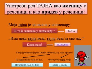 Употреби реч ТАЈНА као именицу у 
реченици и као придев у реченици: 
Моја тајна је записана у споменару. 
Шта је записано у споменару ? ТАЈНА 
„Има нека тајна веза, тајна веза за све нас.“ 
Каква веза? ТАЈНА веза 
У којој реченици је реч ТАЈНА именица, а у којој придев? 
Ту тајну знамо само ти и ја. Имам једну тајну идеју. 
Шта знамо само ти и ја? Каква је идеја? 
 
