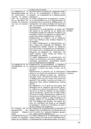 723 
τα ίδια γι’ αυτό το σκοπό. 
να εκφράζονται µε το 
δηµιουργικό δράµα και 
να αναπτύσσουν τη 
γλώσσα, να καλλιερ- 
γούν την επικοινωνία 
και να αξιοποιούν στο 
πλαίσιο των δυνατοτή- 
των τους την τεχνολο- 
γία 
Να αναπτύσσουν γλωσσικές και εκφραστικές δεξιό- 
τητες µε τον αυτοσχεδιασµό, το διάλογο, τη δη- 
µιουργία, την επεξεργασία και τη δραµατοποίηση 
αφηγήσεων. 
Τα παιδιά ενθαρρύνονται να αφηγούνται ιστορίες, 
να τις εικονογραφούν και να τις δραµατοποιούν σε 
συνεργασία και µε τους άλλους. Ενθαρρύνονται να 
επισηµαίνουν την ανάγκη για δράση και λογική εξέ- 
λιξη στην ιστορία τους. Να προσθέτουν περιγραφές 
και πληροφορίες. 
Παροτρύνονται να συναποφασίζουν σε µικρές οµά- 
δες σχετικά µε την ανάπτυξη και την εξέλιξη µιας 
αυτοσχέδιας ιστορίας που πρόκειται να παίξουν ή να 
συνεχίσουν κάποια που βρίσκεται σε εξέλιξη (Δρα- 
µατική Τέχνη, Μελέτη Περιβάλλοντος, Γλώσσα). 
Ενθαρρύνονται να «παίζουν» και να «διασκευά- 
ζουν» τους διάλογους ενός σεναρίου δοσµένου ή 
αυτοσχέδιου. 
Τα παιδιά ενθαρρύνονται να δραµατοποιούν µύ- 
θους, ιστορίες και παραµύθια που διαβάζουν. Να 
αντιλαµβάνονται βασικά στοιχεία του δράµατος, 
όπως την ένταση, τη σύγκρουση και το συµβολισµό. 
Στο πλαίσιο αυτό ο εκπαιδευτικός θέτει ερωτήσεις, 
διλήµµατα, και ενθαρρύνει την εξερεύνηση και 
χρήση ποικίλων υλικών. Εκτιµά και επαινεί τις 
προσπάθειες των παιδιών. 
Τα παιδιά ενθαρρύνονται να χρησιµοποιούν στο 
πλαίσιο των δυνατοτήτων τους και µε ασφάλεια την 
τεχνολογία (µαγνητόφωνο, φωτογραφική µηχανή 
κ.ά.) στα δηµιουργικά τους παιχνίδια. 
Μεταβολή 
(εξέλιξη) 
να εκφράζονται µε τον 
αυτοσχεδιασµό και τη 
µίµηση 
Ενθαρρύνονται να αυτοσχεδιάζουν, να εκφράζουν 
σκέψεις και συναισθήµατα και να πειραµατίζονται µε 
την κίνηση, τη φωνή, τους ήχους, το φως και τη 
µουσική . 
Παροτρύνονται να µιµούνται και να δηµιουργούν 
ρόλους µε την κίνηση. Να ανακαλύπτουν τι µπορούν 
να κάνουν µε ολόκληρο το σώµα τους, (σέρνονται 
σαν φίδια, πετούν σαν φύλλα στον αέρα κ.ά.) και µε 
τα διάφορα µέλη τους (π.χ. κάνουν πως πετούν ένα 
χαρταετό ή ένα µπαλόνι, κλωτσούν µια πέτρα κ.ά.) 
(Δραµατική Τέχνη, Μελέτη Περιβάλλοντος, Φυσική 
Αγωγή). 
Να εκφράζονται µε τη φωνή και τους ήχους. Να 
δοκιµάζουν και να παράγουν πρωτότυπους ήχους, 
να παίζουν µε τη φωνή τους ρόλους (π.χ. πειραµα- 
τίζονται µε τα υλικά και παράγουν τον ήχο της βρο- 
χής και της βροντής, φυσούν σαν τον αέρα). Παρο- 
τρύνονται να παίζουν δηµιουργικά µε ασφαλείς πη- 
γές φωτός και να δηµιουργούν ρόλους (π.χ. µε ένα 
κοµµάτι ύφασµα τυλίγουν το φακό και φτιάχνουν το 
φεγγάρι, παίζουν τις πυγολαµπίδες κ.ά.). Εµπνέο- 
νται από διάφορα είδη µουσικής και παίζουν ρό- 
λους (π.χ. καλπάζουν σαν άλογα µε ένα γρήγορο 
και χαρούµενο κοµµάτι κ.ά.). Επενδύουν µε µουσι- 
κή που επιλέγουν µια παράσταση . 
Αλληλεπίδραση 
(ενέργεια) 
να επιλέγουν και να 
χρησιµοποιούν δη- 
µιουργικά διάφορα 
υλικά 
Να επιλέγουν και να χρησιµοποιούν µε φαντασία τα 
διάφορα υλικά που βρίσκονται στο Νηπιαγωγείο για 
αυτό το σκοπό (π.χ. υφάσµατα διαφόρων χρωµά- 
των, γυαλιά, καπέλα, καθρέφτες κ.α.). 
να εξοικειώνονται µε τις 
τεχνικές του κουκλοθέ- 
ατρου και του θεάτρου 
Τα παιδιά ενθαρρύνονται να διασκευάζουν και να 
παίζουν ρόλους στο κοινό από την καθηµερινή ζωή, 
τη λογοτεχνία και τον φανταστικό κόσµο µε τις κού- 
 