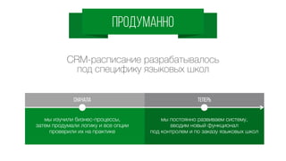 ПРОДУКТИВНО
Вы будете всегда в курсе всех дел.
ПРОДУКТИВНО для ДИРЕКТОРА
1
2
3Управленческий учет
мгновенный срез подробной аналитики (дебиторская
задолженность, оплаты, загрузка преподавателей,
эффективность маркетинга)
Учет выплат преподавателям
возможность загрузить данные из 1С, с
автоматическим подсчетом в зависимости от ставки,
отработанных занятий и бонусов;
Постановка задач сотрудникам
с привязкой к клиентам с напоминаниями и контролем
4
5
Анализ загруженности аудиторий и
преподавателей
кто или что вам приносит прибыль
Выгрузка отчетности
наша система позволяет выгрузить в Excel любые
данные
 