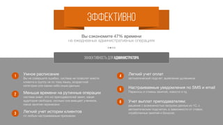 ПРОДУКТИВНО
Весь учебный процесс на ладони.
Продуктивно для ОБУЧЕНИЯ
1
2
4Интеграция с сайтом
заявки с сайта Вашей школы попадают напрямую в
систему, расписание групп на сайте автоматически
синхронизируется с системой
Интерфейс «под Клиента»
гибкие глубокие настройки
Библиотека и учебные материалы
дополнительная монетизация за счет online продаж
учебных материалов и учет остатка учебных материалов на
складе
5
6
Открытые уроки
увеличьте конверсию в разы, приглашая потенциальных
клиентов на бесплатные занятия;
Интерактивные тесты
любой преподаватель сможет сам создавать и
редактировать тесты
3
Настройка прав доступа
сотрудников и многое другое
 