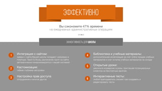 продуктивно
Ваши ученики оценят новый уровень сервиса.
ПРОДУКТИВНО для УЧЕНИКОВ
1
2
3
Высокий уровень сервиса
быстро, точно, без накладок
Услуга эквайринга
оплата услуг банковской картой, не выходя из дома
Личный кабинет на сайте вашей школы
расписание, домашние задания, тесты онлайн, онлайн
библиотека
4 Получение своевременных уведомлений
по SMS или email
переносы и отмены занятий, напоминания, новости,
возможность переписки клиента с сотрудниками и
одногруппниками в чате
 