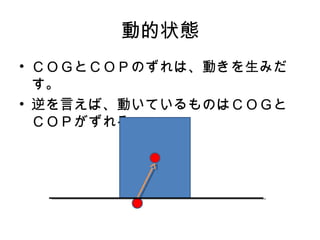 動的状態 
• ＣＯＧとＣＯＰのずれは、動きを生みだ 
す。 
• 逆を言えば、動いているものはＣＯＧと 
ＣＯＰがずれる。 
 