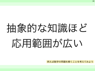 抽象的な知識ほど 
応用範囲が広い 
　 
　 
　　 
36 
例えば数学の問題を解くことを考えてみよう 
 