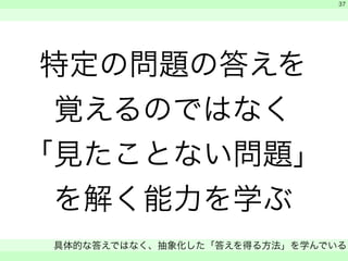 特定の問題の答えを 
覚えるのではなく 
「見たことない問題」 
を解く能力を学ぶ 
　 
　 
具体的な答えではなく、抽象化した「答えを得る方法」を学んでいる 
　 
37 
 